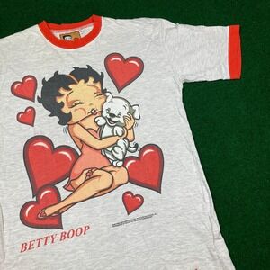 Vintage Betty Boop Shirt Mens L Gray Red 1997 Ringer Puppy Dog Heart Graphic 90s